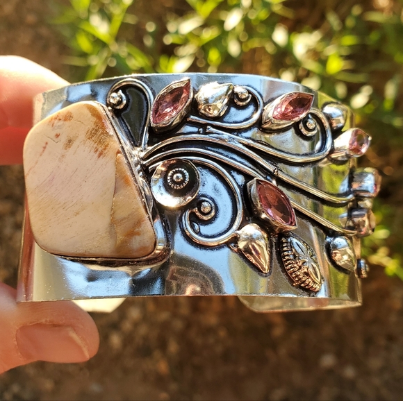 New Mookaite Jasper and Rubellite 925 Silver Cuff Bracelet. - Picture 6 of 16